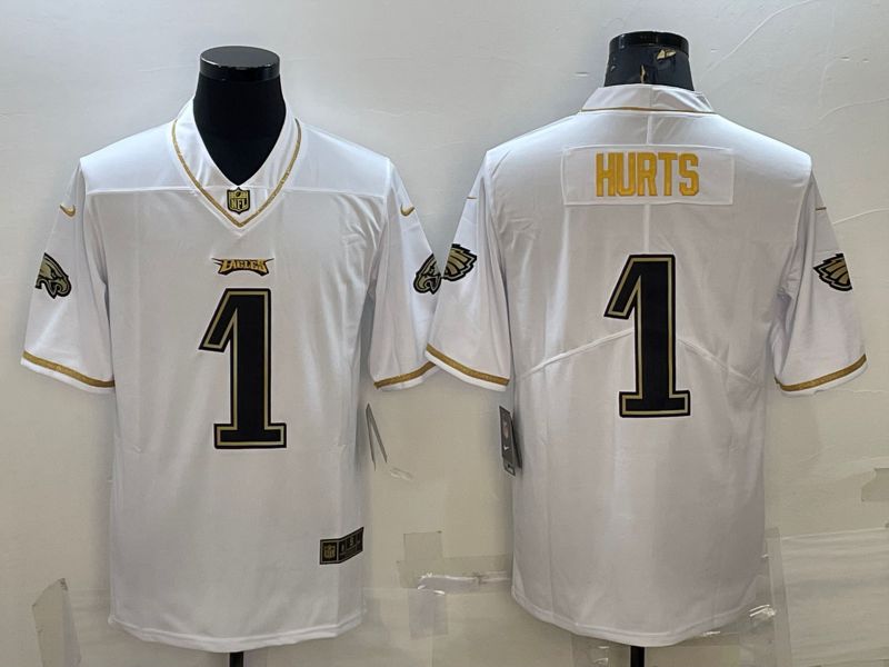 Men Philadelphia Eagles 1 Hurts White Retro Gold Lettering 2022 Nike NFL Jersey